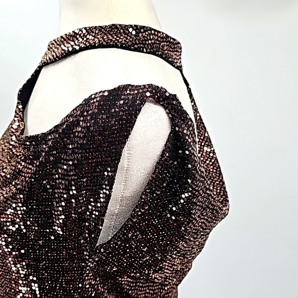 Express Bronze Sequined Exposed Shoulder Cutout Short Sleeved Blouse - Picture 8 of 13